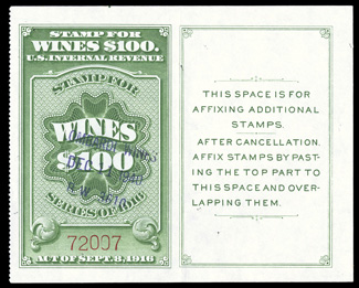 RE107D, $100.00 Yellow green, with full tab at right, exceptionally fresh and well centered, light violet handstamp cancel, usual staple holes, light creasing, extremely fine
appearance.