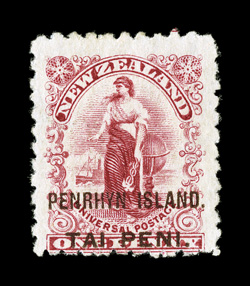 S.G. 3, 1902 1d Carmine surcharged PENRHYN ISLAND. in brown, perforated 11, unused, bright color, fine ex-Sovereign (Scott 2a $1,000.00).