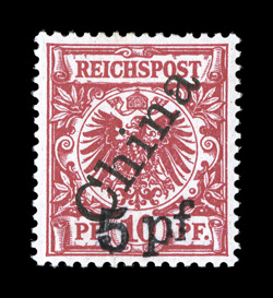 16, 1898 5 pf on 10pf Carmine Foochow provisional, excellent centering, deep vibrant color on fresh paper, o.g., lightly hinged, choice very fine signed Kohler (Michel 7I
Ç700).