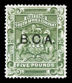 S.G. 16, 1891 £5 Sage green, with B.C.A. ovpt., with papermakers watermark, unusually well centered, rich color, o.g., a very fine and handsome example of this scarce stamp
(Scott 16 $2,050.00).