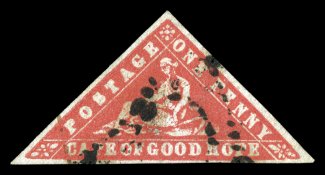 S.G. 13, 1861 1p Vermilion Wood Block, an exceedingly choice used example of this scarce stamp, completely lacking the faults and repairs that are nearly always seen on the
Wood Block stamps, large even margins on all three sides, rich bright