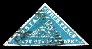 S.G. 14d, 1861 4p Blue Wood Block, large balance margins all around, strong rich color and a well defined impression, fairly light cancel, small thin spot and trivial creasing
at bottom left (certificate mentions only a small crease), extremel
