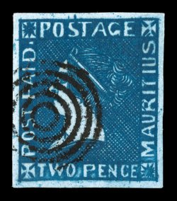 S.G. 40, 1859 2p Deep blue on bluish, Sherwin printing, the so-called Large Fillet Head, an especially handsome used example of this rare stamp, featuring four large and
wonderfully well balanced margins, deep luxuriant color and a prooflike i