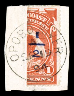 S.G. 63, 1894 ½ Opobo violet provisional surcharge on half of 1p Vermilion Victoria, tied to piece by full and neat Opobo River c.d.s., deep color, very fine signed Holcombe
(Scott 52 $750.00).