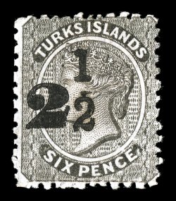 S.G. 32, 1881 2½ on 6p Black, setting 7, surcharge type 22, handsome mint example of this difficult and elusive stamp, wonderfully fresh, deep rich color and impression on
bright paper, o.g., h.r., fine one of the rarest stamps of Turks Isl
