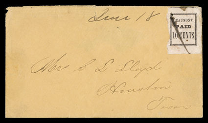 12X2, Beaumont, Tex., 10c Black on pink, bottom right corner position with Beaumont showing broken T, fresh pinkish paper, gigantic margins including showing a portion of the
frame line of the adjoining stamp at top, neatly cut margins at bo