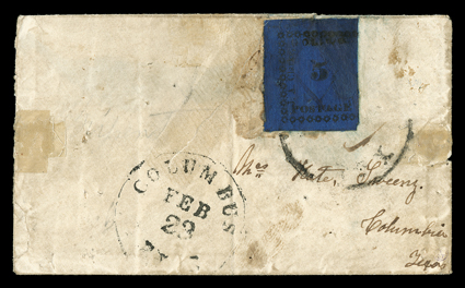 29X8, Goliad, Tex., 5c Black on dark blue glazed paper, the only recorded example of this stamp, with some repairing in top right corner (blue surface color painted in),
cancelled by pen stroke and tied to small cover to Columbia, Texas by parti