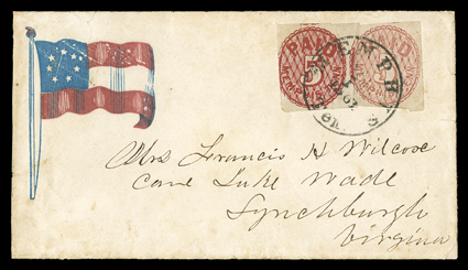 52X2, Memphis, Tenn., 5c Red, two singles, each in a distinctly different shade, one in a pale rose shade, while the other in a deep carmine shade, each with margins to just in,
tied by neat Memphis Ten.1861 c.d.s. to Confederate 7-Star Fla