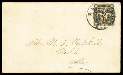 58X1, Mobile, Ala., 2c Black, three large to very large margins, fourth at bottom close to just touching, tied to a petite cover by Mobile Ala.Sep 14 1861 c.d.s., beautifully
written local address, very fine.Actually an especially scarce pr
