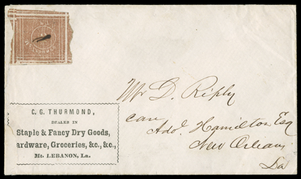 60X1, Mount Lebanon, La., 5c Red brown, the famous woodcut stamp - in a mirror image, excellent impression showing all of the lettering, 5 value and even the wood grain of the
printing block, huge margins all around showing portions of several