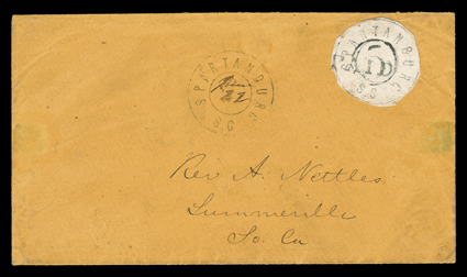 78X1, Spartanburg, S.C., 5c Black, cut circular, with clear margins or just touching the outer circle, tied by straightline Paid handstamp to orange buff cover addressed to Rev.
A. Nettles, Summerville, S.C., matching Spartanburg S.C. double