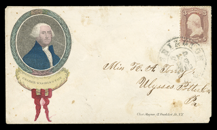 65, 3c Rose, centered a bit to left, rich color, tied to most attractive multicolored framed portrait of George Washington surrounded in green wreath Magnus patriotic cover
(unlisted in Walcott), by large Washington D.C.Sep 29 1862 c.d.s.