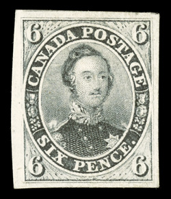 5, 1855 6p Slate gray on wove paper, an immensely rare mint example, possessing four lavishly large margins, deep luxuriant color and a sharp detailed impression on bright
paper, large part o.g., extremely fine.A gem example of one of Canadas