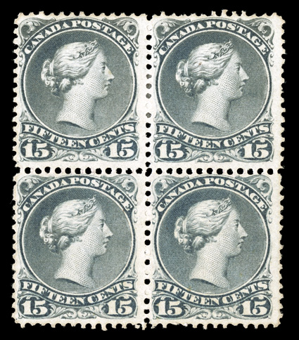 30a, 1873 15c Greenish gray, perforated 11½x12, an enormously rare mint block of four of this seldom offered perforation variety, rich luxuriant color in a distinctive Greenish
gray shade, attractively centered, o.g., top pair with single h.r.,