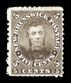 5, 1860 5c Brown Connell, a handsome appearing example of this rarity, being quite well centered and with nearly intact perforations all around (most of the existing copies
have significant perf. damage either due to scissor separating or being