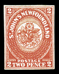 2, 1857 2p Scarlet vermilion, a very rare unused example, with intensely rich color and impression, full even margins on all four sides, trivial natural paper fiber inclusion
of little consequence and not mentioned on either of the accompanying