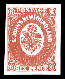 6, 1857 6p Scarlet vermilion, a marvelous quality unused example of this rarity, being in a condition that places it among the finest known, without gum as almost always found,
fabulously bright and fresh, with strikingly vibrant color and a