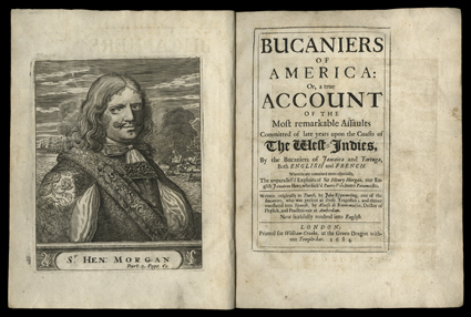 Bucaniers of America, Alexandre O. Exquemelin. London, William Crooke, 1684. Four volumes in one. 4to, near-contemporary calf with banded and gilt spine. Eight plates, map, and
frontis. Owners note, 1685, on verso of frontis. Front hinge cra