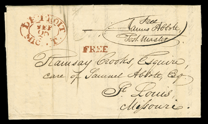 [American Fur Company, Detroit, 1823] folded September 19, 1823 letter with integral address leaf from James Abbott, agent for the American Fur Co. and postmaster at Detroit to
St. Louis with red double oval Detroit, Mic. T.Sep 20 datestamp, m