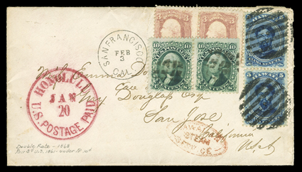 [Hawaii and U.S. double rate, 1868] conjunctive use cover to San Jose, California showing rate confusion by the sender. Two singles of 1866 5c Blue (33) tied by bold open
grids to cover additionally franked by horizontal pair of U.S. 10c Green (