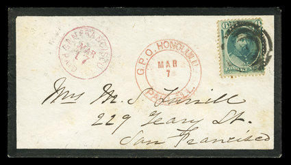 [Historical mourning cover addressed in the hand of Princess Bernice Pauahi] franked by 1871 6c Yellow green (33, stained perf.) tied by four-ring target, clear red double
circle G.P.O. HonoluluPaid AllMar. 7 datestamp, addressed to San Fran