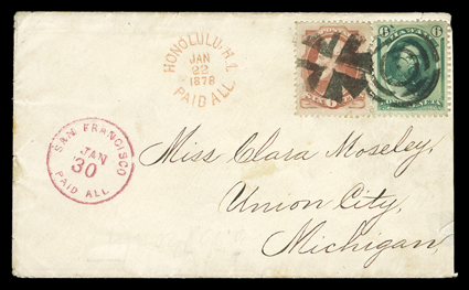 [Mixed Hawaii and U.S. franking, 1878] cover to Michigan bearing well centered 1871 6c Yellow green (33) tied by target cancel and well-struck red open circle HonoluluPaid
AllJan 22 1878 datestamp, additionally franked with well centered U.S