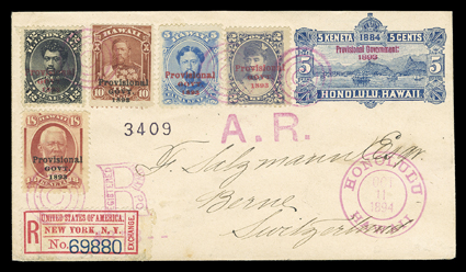 [Six-color Provisional Govt. franking, 1894] registered cover to Switzerland. 5c Blue entire (U12) additionally franked by 2c Dull violet and 5c Ultramarine overprinted with
red ProvisionalGovt.1893 and 10c Red brown, 12c Black and 18c D