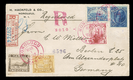[Five-color franking registered cover to Germany, 1898] bearing 1894 1c Yellow, 2c Brown, 5c Rose lake, 12c Blue and 25c Deep blue (74-76, 78-79) all tied by three strikes of
magenta double circle HololuluHawaii1 Mar 1898 postmarks, matching