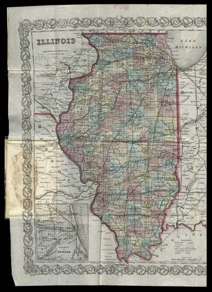 Map of Illinois, Joseph Colton. NY, 1855,  about 17” x 13.75” folding to 16mo in original cloth cover with gilt title, cover soiled with spots of fading.