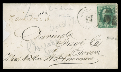 [The Great Chicago Fire of 1871], cover to Clarinda, Iowa with 3c Green (147) tied by Chicago, Ill.Oct 24 datestamp, slightly reduced at left with small piece missing, fine.
Since the Post Office was completely destroyed, this cover was most