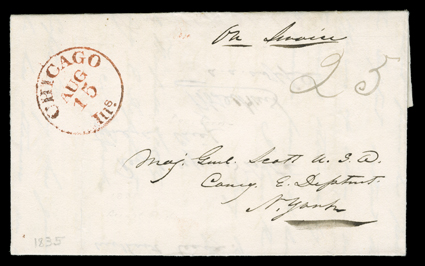 Fort Dearborn, 14th Aug 1835, dateline on folded letter with integral address leaf to Maj. Genl. Scott at New York, endorsed On Service, entered the mails with bold Chicago,
Ills.Aug 15 datestamp and manuscript 25 rate, file fold through d