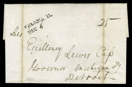 Galena, Illinois, two different style straightline postmarks, first large GALENA, ILDEC with manuscript 6 date on 1830 folded letter, second smaller GALENA ILL.JANY 24. on
1849 folded letter, both to Detroit, latter slightly affected by f