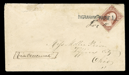 Ingraham Prairie, Ill. incredibly well struck straightline handstamp tying large-margined 3c Dull red (26) to cover to Tiffin City, Ohio, endorsed Via Cincinnati, very
fine.