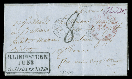 Illinois straightline postmarks, group of five different stampless covers comprised of GALESBURG ILL on 1842 folded letter, two different styles of GODFREY ILL, one small on
1846 folded letter, the other larger on 1843 folded letter, boxed I
