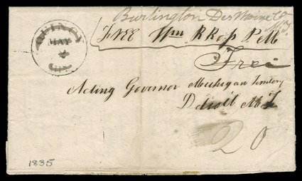 Burlington, Iowa, three folded covers with integral address leaves with manuscript Burlington, Des Moine Co., M.T. Michigan Territory postmarks and Free, first April 25, 1835
to the Governor at Detroit, second April 18, 1835 also to the Gover
