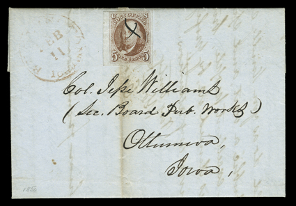 Burlington, Iowa, partial red February 11 datestamp on 1850 folded letter with integral address leaf to Ottumwa franked by left sheet-margin single of 5c Red brown (1), other
margins clear to large, cancelled by manuscript x, vertical file cre