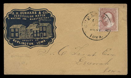 Burlington, Iowa, buff cover to Decorah, Iowa with handsome blue illustrated corner card of A.H. Burhans & Co., Percussion Match & Writing Inc Manufactory franked by 3c Dull
red (11, faint corner crease), with large to huge margins all around in
