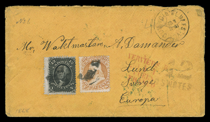[Council Bluffs, Iowa to Sweden, 1868] orange cover to Lund, Sweden with clear Council Bluffs, Ioa.Mar 24 datestamp and franked by 12c Black (69, several clipped perfs.) and
30c Orange (71) tied by cork cancel, transited through Chicago wher