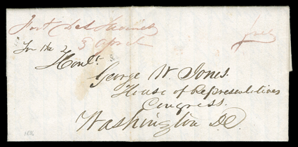 Fort Des Moines, Iowa, three folded letters with integral address leaves, first two 1836 with manuscript Fort Des Moines postmarks, one on April 3rd during the Michigan
territorial period and the other Dec. 4th during the Wisconsin territorial
