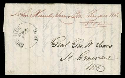 [Sinipee, John Plumbe], manuscript Sinipee Wisconsin territorial period postmark, present day Dubuque, Iowa, and Free with postmaster John Plumbe Junr. endorsement on February
12, 1839 folded letter with integral address leaf to St. Genevieve