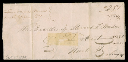Dubuque, Iowa, four different early postmarks on folded letters with integral address leaves comprised of 1835 manuscript Dubuques MinesM.T. Sept 27 Michigan Territory
postmark and 25 rate to Detroit, being a petition for the appointment of