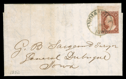 Indianola, Iowa, mostly bold handstamp ties stunning top left corner margin single of 3c Orange brown (10), clear to large margins on the other two sides, to March 4, 1852
folded letter with integral address leaf to Dubuque, Iowa, extremely fine