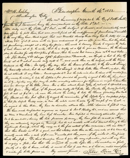 [Ashley, William H.] Six business letters to Ashley, 1832-33, from merchants Riddle, Forsythe & Co (2) of Pittsburgh, Siter, Price & Co of Philadelphia (3), and Allison &
Anderson of Louisville. Most concern the purchase or sale of furs or suppli