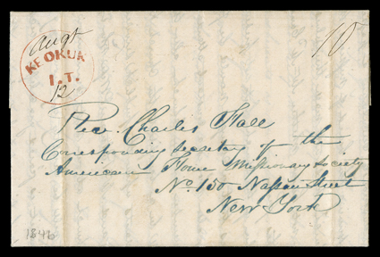 Keokuk, Iowa, four folded letters with integral address leaves to New York, first 1844 with manuscript Keokuk I. T.July 19th Iowa territory postmark and 25 rate, second two
both 1846 with bold black and red KeokukI.T. Iowa territory hands