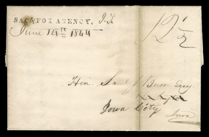Sac & Fox Agency, Iowa Territory, three folded letters with integral address leaves showing different style postmarks, first straightline SAC & FOX AGENCY. handstamp with
manuscript I.T. and June 14th 1844 added, with 12 12 rate to Iowa