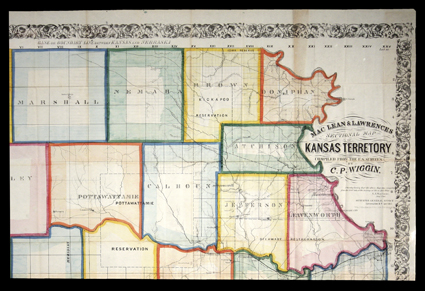 MacLean & Lawrence’s Sectional Map of Kansas Territory LA MacLean. Pittsburgh, Schuchman & Bro., 1857. About 38” x 39”, folding to 12mo cloth case with gilt title.
Hand-colored, some minor fold splits and edge wear. A beautiful map in exceptional