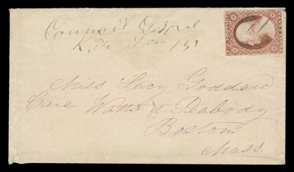 Council Grove, Kansas Territory, two covers, first with 3c Dull red (11) with manuscript Council GroveK.T. Dec 15 Kansas Territorial postmark used to Boston, second with 3c
Green (158) tied by blue grid to cover to Hamilton, Missouri with cl