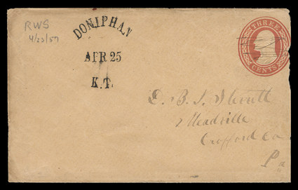 Doniphan, Kansas, bold strike of this unusual tombstone style DoniphanApr 25K.T. territorial period postmark on 3c Red on buff entire (U10) to Meadville, Pa., reduced at right
just into the indicia, extremely fine strike.