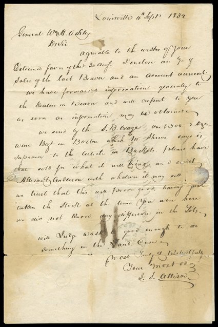 Ashley, William H.,Pair of manuscript Documents Signed, with covers, both 1832, with the accounts of General William H. Ashley with Frederick A. Tracy of New York, and with
J.S. Allison of Louisville. He sends furs and other articles east, in som