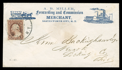 Leavenworth City, Kansas Territory, May 29, 1858 datestamp tied 3c Dull red (26) to A.B. Miller covered wagon and steamboat illustrated advertising cover to Newark, Ohio, very
fine and attractive.